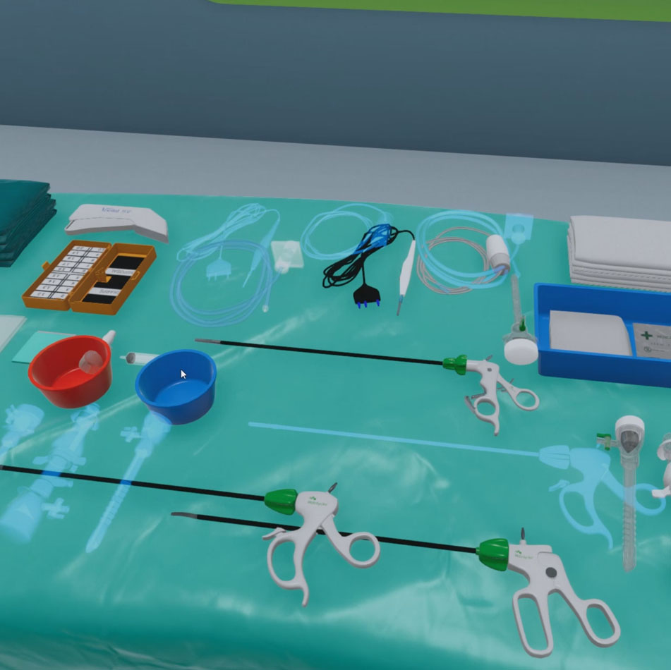 Entorno 3D donde se ven herramientas para una cirugía